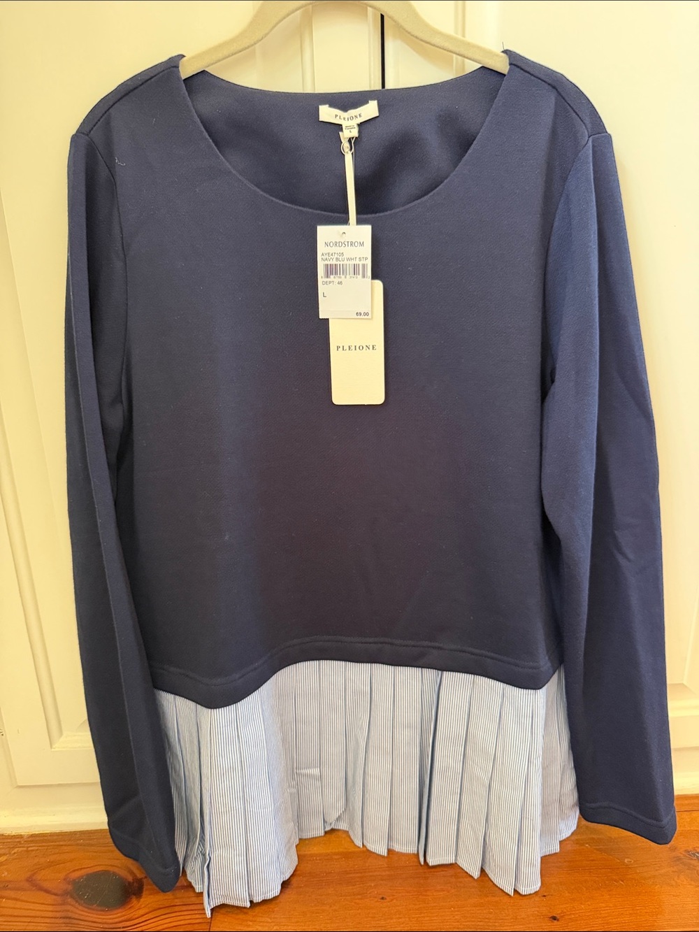 Pleione Navy Top with Light Blue Pleated Striped Hem
